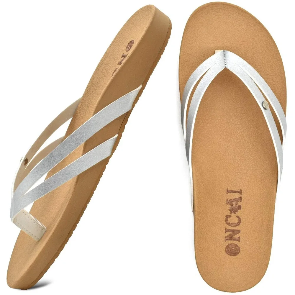 ONCAI Women's US 10 Silver Flip Flops Orthotic Arch Support Fashion Summer